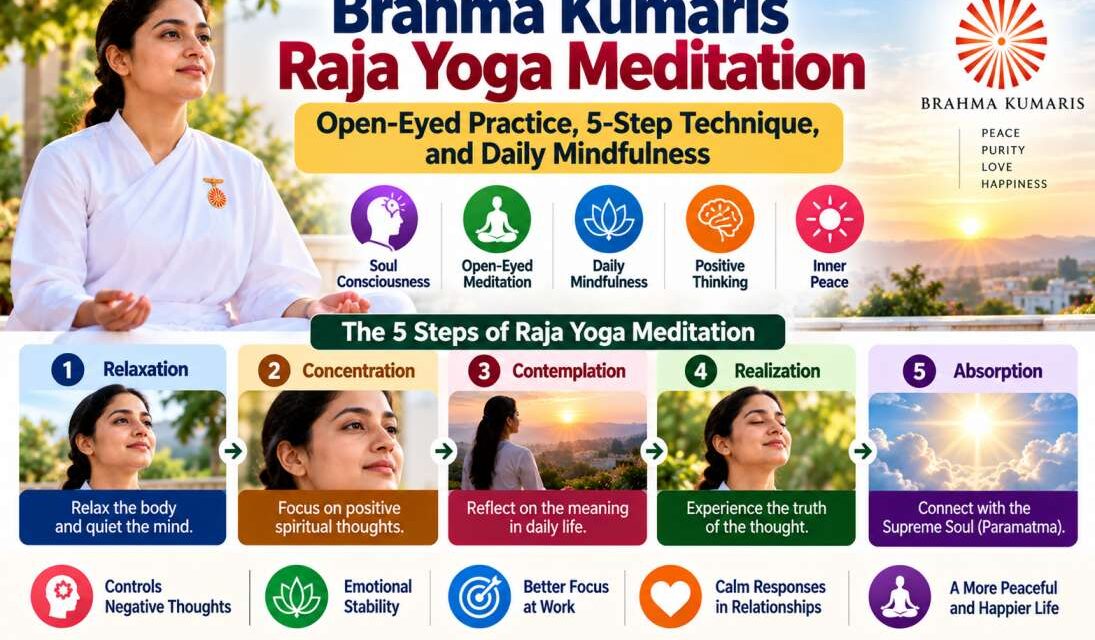 Brahma Kumaris Raja Yoga Meditation: Open-Eyed Practice, 5-Step Technique, and Daily Mindfulness